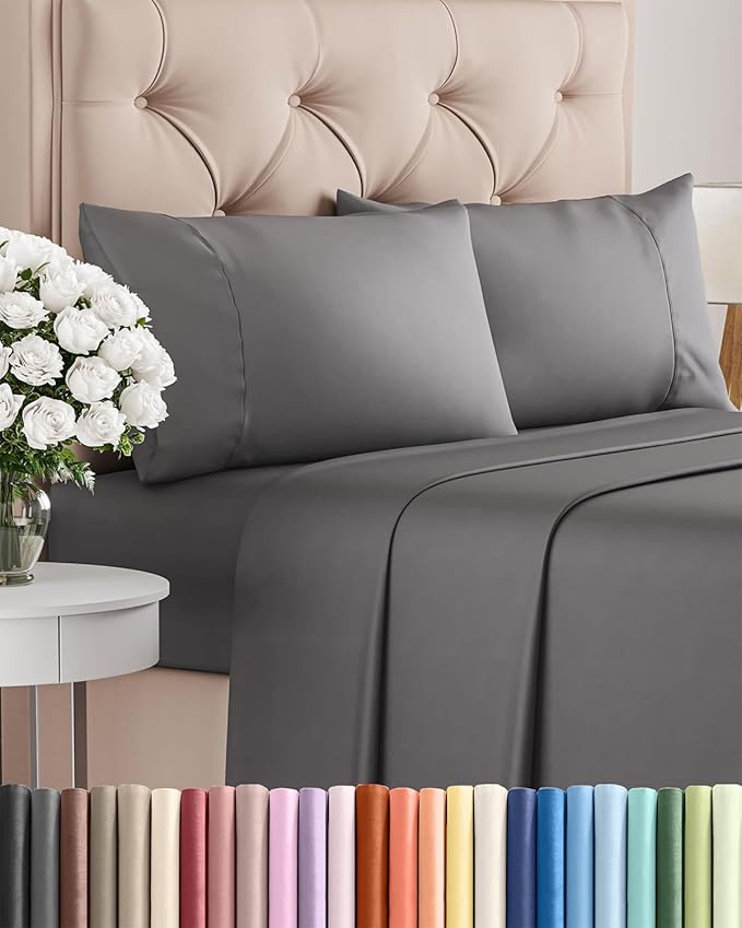 Twin XL 4 Piece Sheet Set - Cooling, Comfy & Breathable - Hotel Luxury Bedding, Includes Fitted Sheet for Women, Men, Kids & Teens - 1 Flat, 1 Fitted Sheet, 2 Pillowcases w/Deep Pockets - Dark Grey