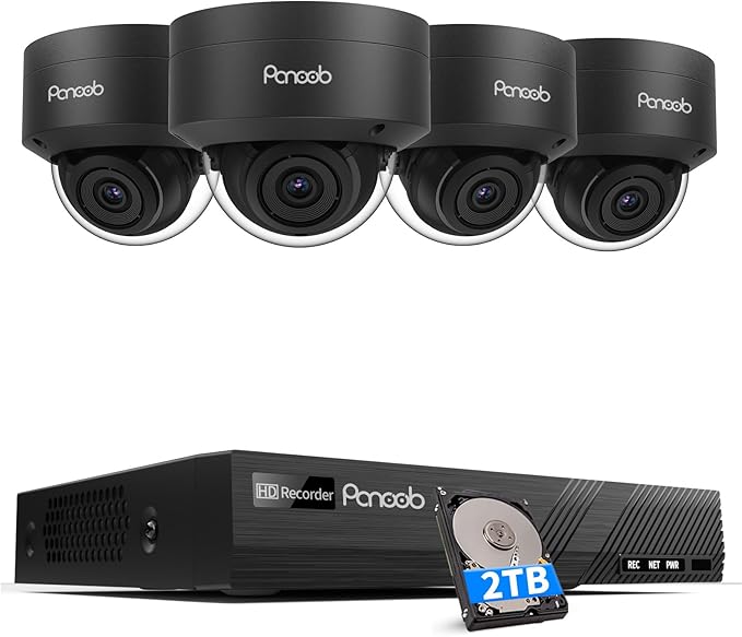 PANOOB 4K 8 Channel 8MP PoE Security System, 4PCS 8MP Outdoor Dome Cameras, Human Detection, 24/7 Audio Recording for Home Business,8Ch NVR w/ 2TB HDD Balck PD54B0408-8M-1