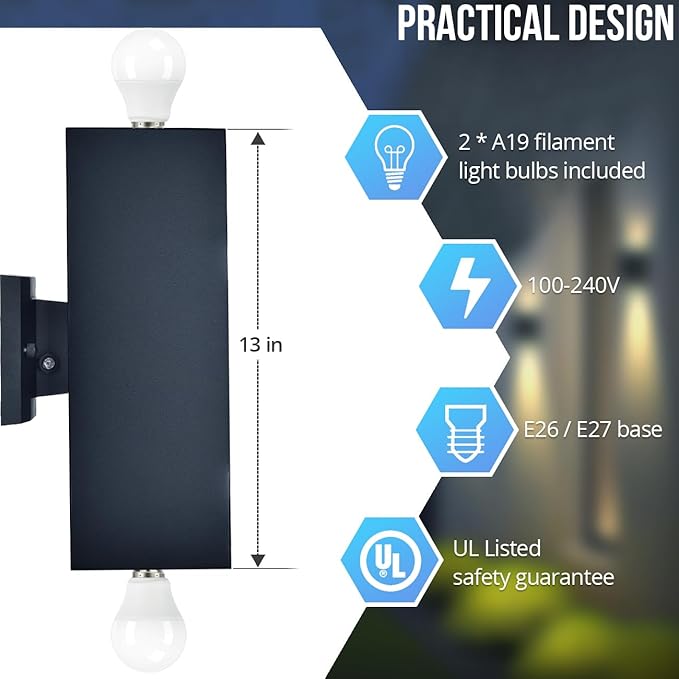 wowlite Outdoor Wall Lights Dusk to Dawn Sensor, 2700K Warm LED Up Down Sconce, IP65 Waterproof 13" Modern Square Matte Black Exterior Light Fixture Wall Mount for Porch Patio Garage, ETL Listed