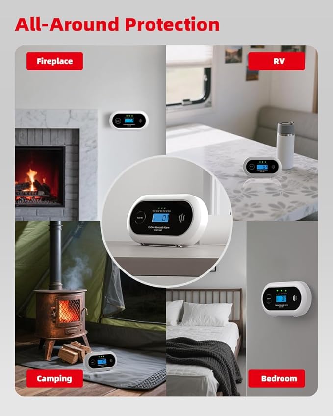 KIMROG 10-Year Battery Carbon Monoxide Detector, Portable Travel CO Detector Alarm for Home, Garage, RV, Camping, LCD Display with Backlight, V-0 Flame-Retardant Housing, Wall Mount or Tabletop