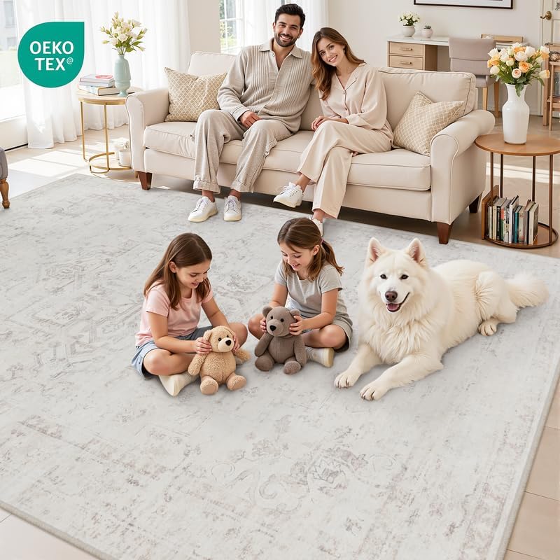 10x14 Area Rugs Living Room: Bedroom Washable Carpet Neutral Cream - Image 7