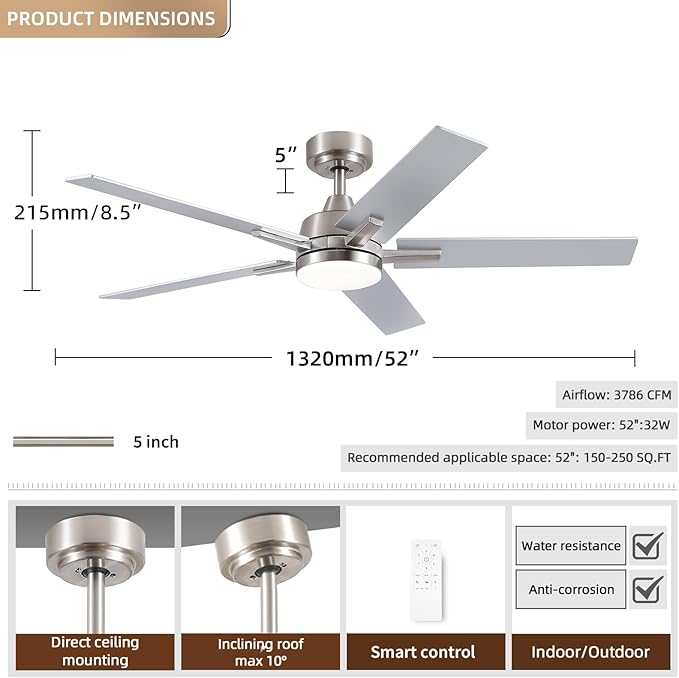 SODSEA Ceiling Fans with Lights, 52 inch Nickel Ceiling Fan with Light and Remote Control, Reversible, 3CCT, Dimmable, Noiseless, Small Ceiling Fan for Bedroom, Indoor/Outdoor Use
