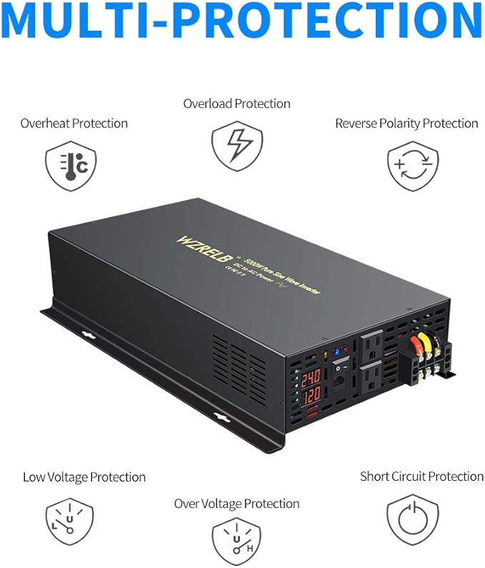 WZRELB 5000W 24VDC 120VAC Pure Sine Wave Power Inverter, 2 AC Outlets, Wired Remote Control, RV (RBP-500024WR)