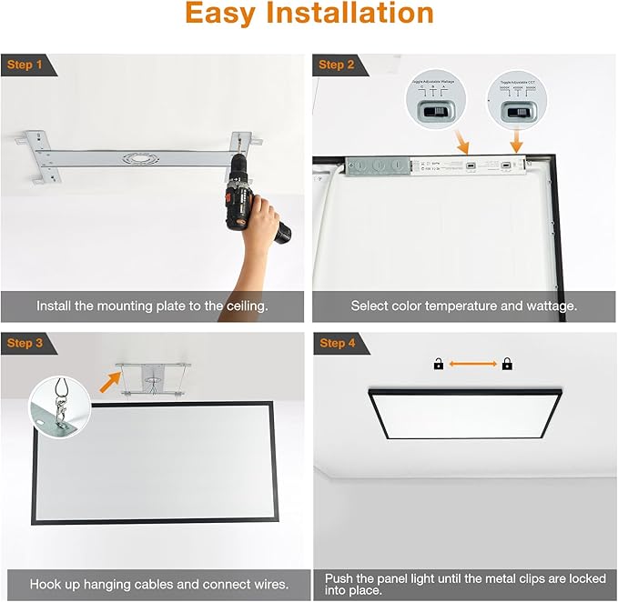 Mcacggo 4-Pack Black 2x4 FT LED Flat Panel Light Surface Mount 0-10V Dimmable, 100-277V, 5000K-4000K-3000K & 30W-40W-50W Switchable, with Direct Ceiling Mount Bracket, ETL Listed