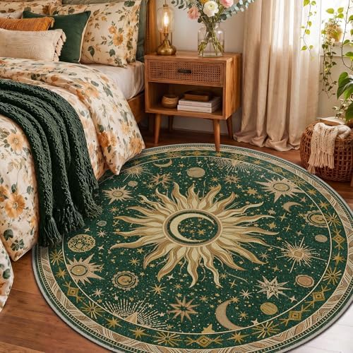 Vacuum-Friendly, Round 6ft Washable Area Rug, Green Gold Yellow - Image 2