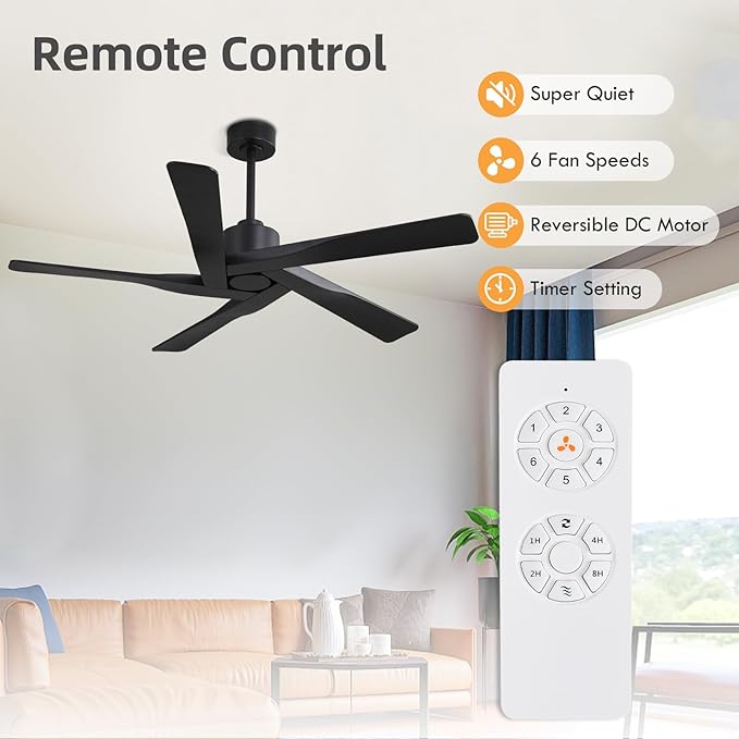 WINGBO 54" ABS DC Ceiling Fan No Light, 5 Blade ABS Plastic Ceiling Fan with Remote, 6-Speed Reversible DC Motor, Ceiling Fans without Light for Kitchen Bedroom Living Room, Matte Black