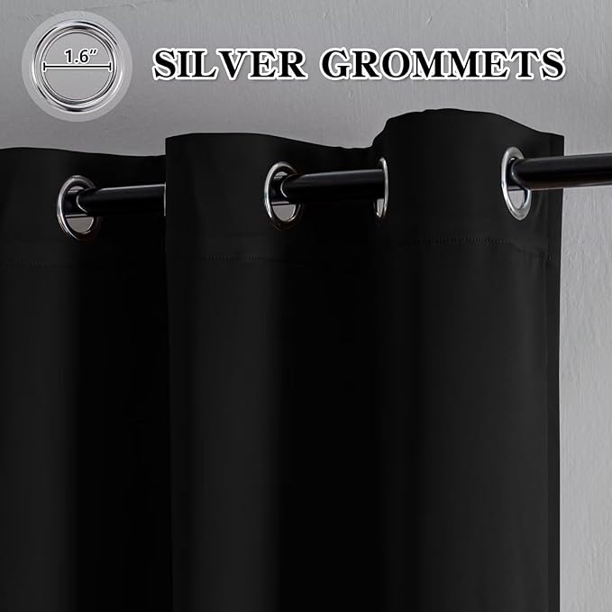 Curtains 90 Inches Long 2 Panels Set, Blackout Curtains for Bedroom Living Room, Thermal Insulated Grommet Room Darkening Drapes for Privacy Home Decor Windows(W52 x L90, Black)