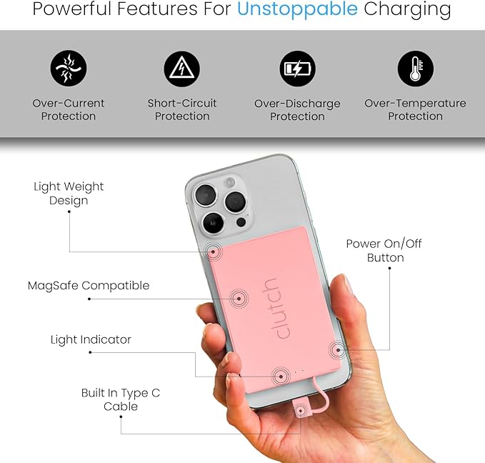 Clutch - Pro USB-C Portable Charger - Compatible with iPhone 15, 16, 17 & Android Devices - Power Bank Magnetic Battery - TSA Travel Approved - USB Rechargeable - Built-in Cable - 5000 mAh - 3.7oz