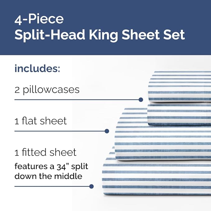 Split Head King Sheet Set – 4 Piece Flex Split Top King Sheets for Adjustable Beds - Fits 14” to 16" Mattress w/ Deep Pockets - Breathable & Cooling - Luxury Bedding and Wrinkle Free - Blue Stripes 3