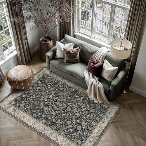 HUGEAR 3x5 Black Beige Vintage Floral Washable Area Rug for Entryway by HUGEAR
