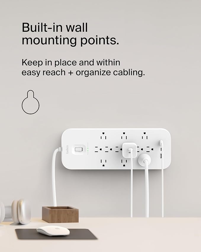 Belkin 12-Outlet Surge Protector Power Strip w/ 12 AC Outlets, 2 USB-A Ports and 1 USB-C Port, 6ft Cable, UL-listed w/ Overload & Overvoltage Protection + On/Off Switch - 3,480 Joules of Protection
