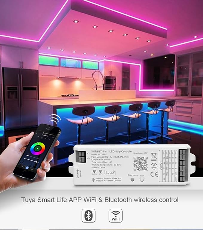FCOB 5in1 WB5 2.4GHz WiFi PWM LED Controller Compatible with Alexa Google Home Smart Life Tuya APP for Dimming CCT RGB RGBW RGBCCT LED Strip Light Controller Works with WR01RF WR02RF, DC12V-24V
