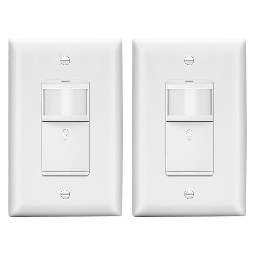 LIDER Motion Sensor Switch with Wall Plate, PIR Sensor Light Switch, Occupancy & Vacancy Modes, No Neutral Wire Required, 120V, 60Hz, 150W LED/CFL, Single Pole, LPS-1P-WWP2P, White, 2 Pack