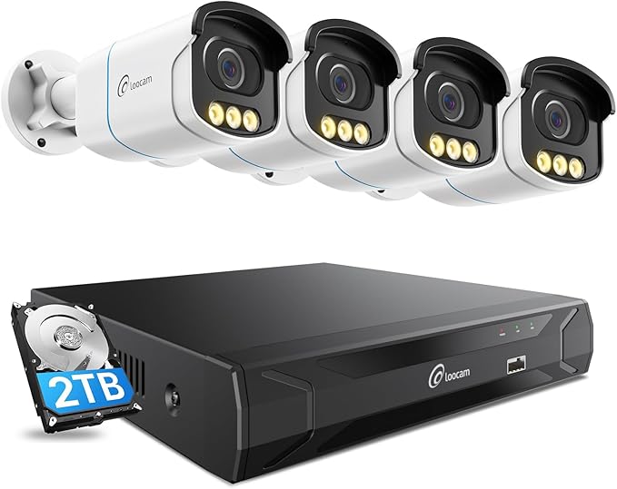 Loocam 5MP Smart Home Security System with Color Night Vision | 8CH NVR & 4 PoE Cameras, AI Person/Pet/Vehicle Detection, Two-Way Audio, 24/7 Recording with 2TB HDD