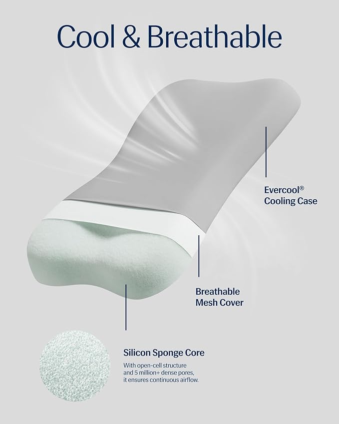 REST® Evercool® Cooling Pillow, Set of 2, Instant Cool-to-Touch Shell Fabric & Breathable Silicone Sponge Core for All-Night Temperature Regulation & Ergonomic Support, Medium Height, Light Gray