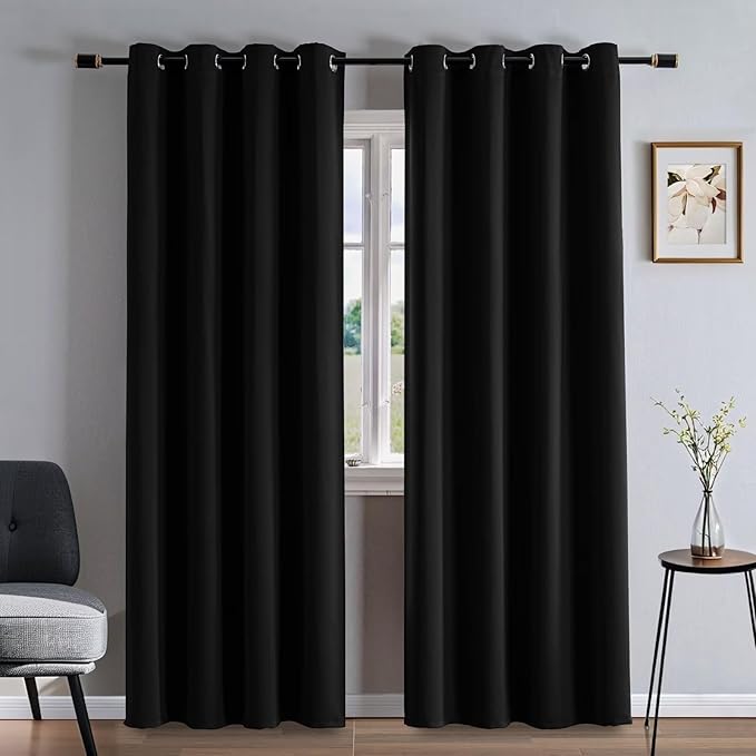 Curtains 108 Inches Long 2 Panels Set, Blackout Curtains for Bedroom Living Room, Thermal Insulated Grommet Room Darkening Drapes for Privacy Home Decor Windows(W52 x L108, Black)