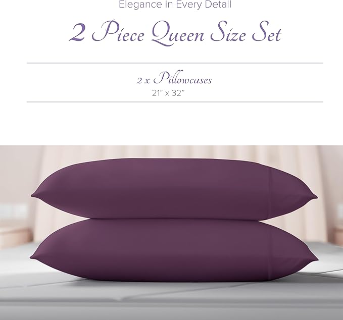 Carressa Linen 100% Egyptian Cotton Pillow Cases Queen Size Set of 2 - Luxury 600 Thread Count Plum Standard/Queen Size Pillowcases, Silky Soft, Cooling Sateen Weave Hotel Quality Bed Pillow Cover