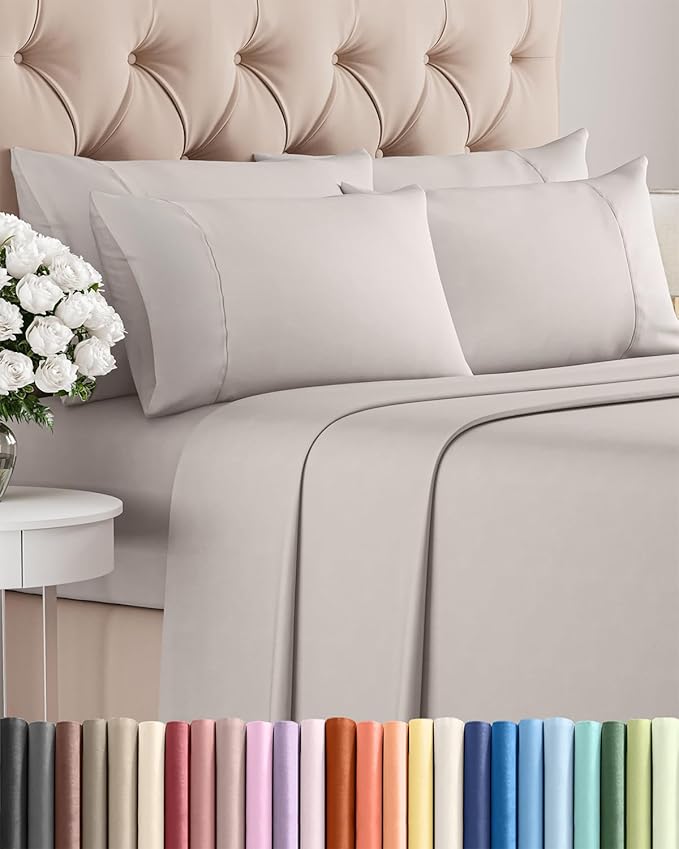 King 6 Piece Sheet Set - Cooling, Comfy & Breathable - Hotel Luxury Bedding, Includes Fitted Sheet for Women, Men, Kids & Teens - 1 Flat, 1 Fitted Sheet, 4 Pillowcases with Deep Pockets - Light Grey