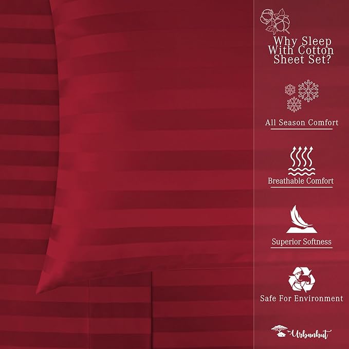 URBANHUT 800 Thread Count 100% Cotton Damask Twin Size Sheets, 4 Piece Striped Twin Size Bedsheets, Luxury Hotel Sheets Sateen Weave - Better Than Egyptian, 14" Elasticized Deep Pocket- Burgundy
