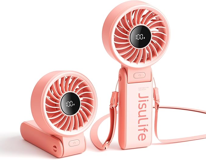 JISULIFE Handheld Fan Life7 – Ultimate Flexibility: High-Power Motor, LED Display, 3600mAh Rechargeable, 5-Speed, Foldable Design, 3-IN-1 Portable Hand/Desk/Neck Fan for Travel, Gift for Women (Pink)