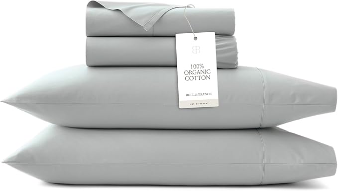 BOLL & BRANCH Signature Hemmed Sheet Set - Twin, Shore - Luxury 100% Organic Cotton - Includes 1 Flat, 1 Fitted, 2 Pillowcases - Buttery Soft