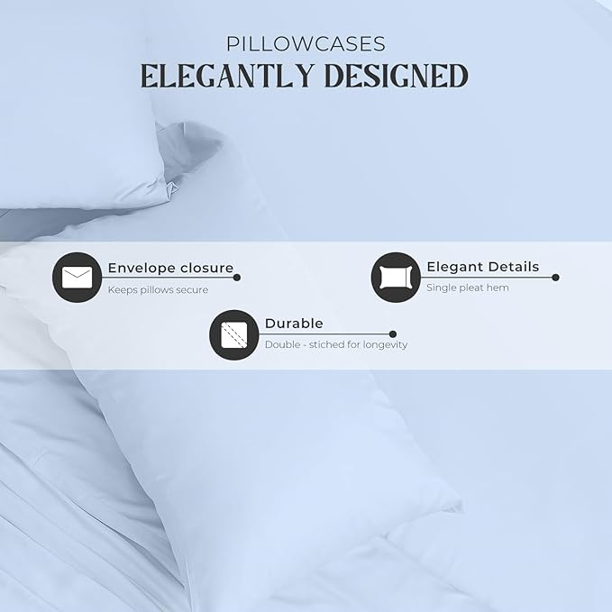 Mayfair Linen 100% Egyptian Cotton Queen Sheets Set - 2000 Series Luxury Sheets Queen Size Bed Set, Soft & Cooling, Sateen Weave 17" Extra Deep Pocket Hotel Collection Sheet (4 Pc, Light Blue)