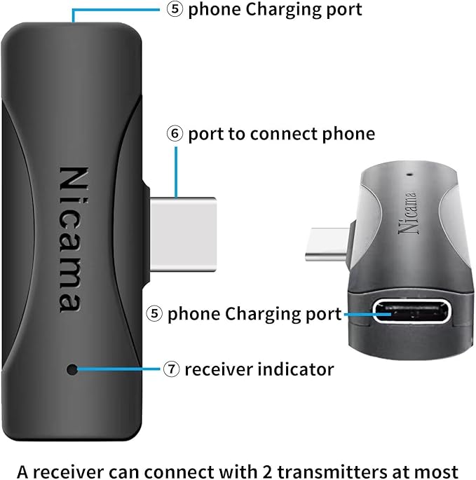 Nicama AS12 USB-C Wireless lavalier Microphone with 2 transmitters for iPhone 15 16 Type-c Android Samsung Smartphone Laptop Live Streaming YouTube TikTok (2TX+RX)