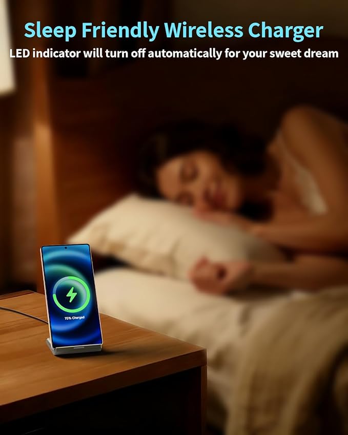 Wireless Charger Stand, 15W Fast Phone Wireless Charging Stand Station with 20W USB C Brick for Samsung W26/S25 Ultra/S24+/S23/S22+/S21, iPhone Air/17 Pro Max/16/15/14/13/12 with Sleep-Friendly Light