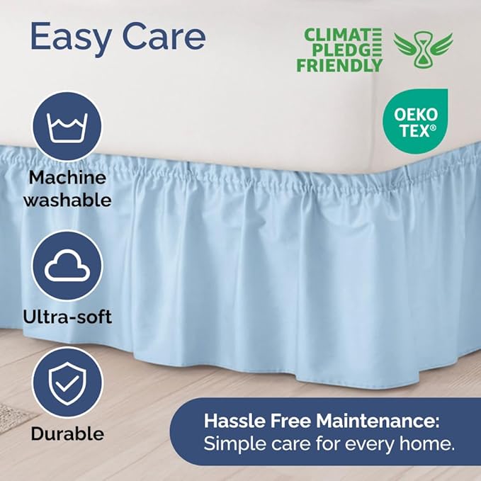 Wrap Around Dust Ruffle Bed Skirt - Light Blue - Twin/Twin XL Size Beds with 24 Inch Drop - Elastic Strap - Adjustable Pleated Bedskirt with Brushed Fabric and Wrinkle Free - Women, Men, Kids & Teens