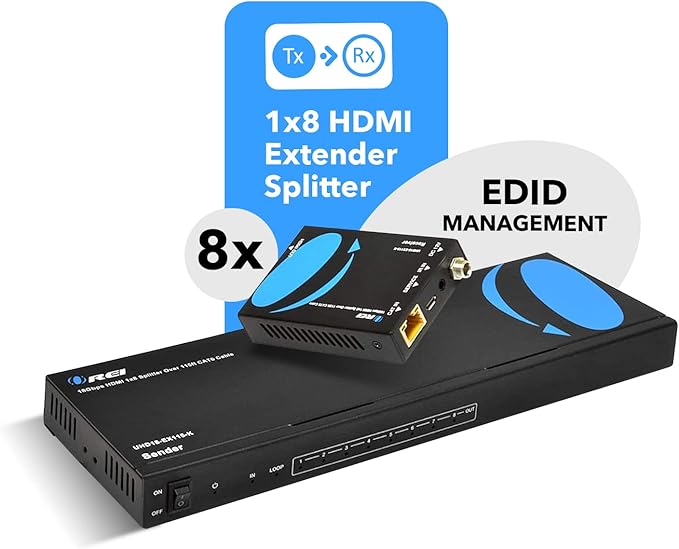 OREI 4K 1x8 HDMI Extender Splitter, Multiple Over Single Cable CAT6/7 4K@60Hz 4:4:4 HDCP 2.2 with IR Remote EDID Management - Up to 115 Ft - Loop Out - Low Latency - Full Support