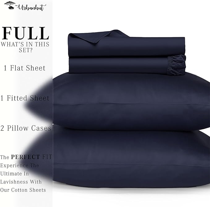 URBANHUT 800 Thread Count 100% Cotton Full Size Sheets, Luxury 4 Piece Full Bedsheets, Hotel Sheets Sateen Finish - Better Than Egyptian, 16" Elasticized Deep Pocket - Navy Blue