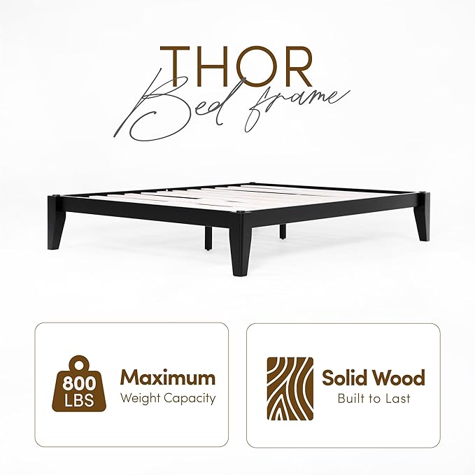 Thor Premium Solid Wood Bed Frame King, Platform Bed, Japanese Joinery Bed Frame, Wood Slat Support, No Box Spring Needed, Easy Assembly, Minimalist & Modern Style (Midnight Charcoal)