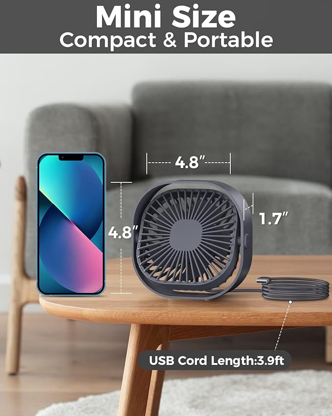 RJVW 4 Inch Small USB Desk Fan, 3-Speed Portable & 360°Rotatable Mini Cooling Fan, USB-Powered Desktop Fan for Home Office Bedroom Dorm Indoor Outdoor Summer Gift