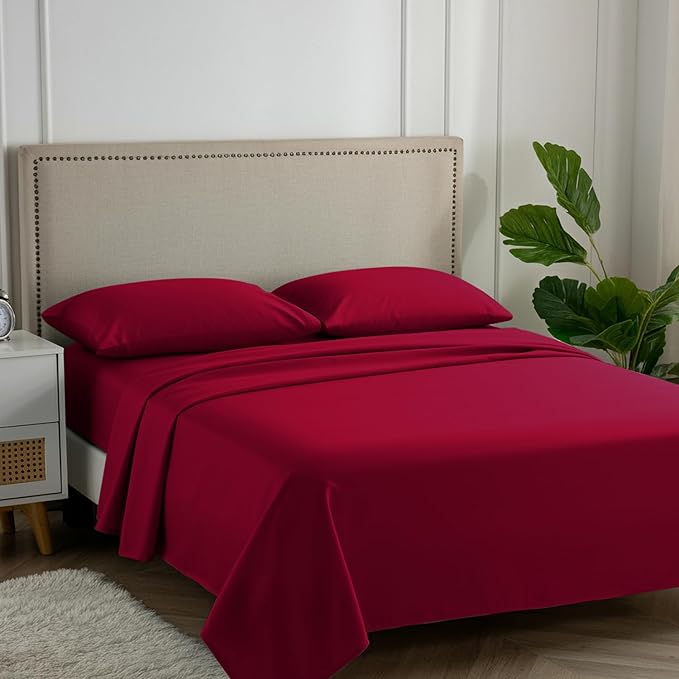 Carressa Linen 100% Egyptian Cotton Full Size Sheets - 600 Thread Count Full Size Egyptian Cotton Sheets (4 PC, True Red), Soft, Cooling, 16" Deep Pocket Sateen Weave Luxury Hotel Bed Sheet Set