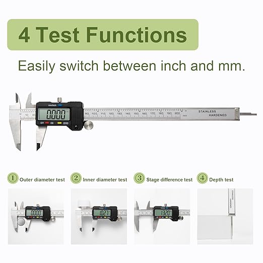 SCITOOLS Digital Caliper 0-8" Measuring Tool with Metal Ruler, Micrometer Caliper with Auto-Off Feature, Interchangeable Between inches and millimeters for DIY/Household and 3D Printing, Black