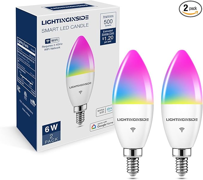 Lightinginside E12 Smart Light Bulbs 60W Equiv., Work with Alexa/Google Home/Smart Life, 500LM 6W RGBCW Candle Candelabra LED Light Bulbs, No Hub Required, 2.4G WiFi Bluetooth Bulb, ETL Listed, 2PCS