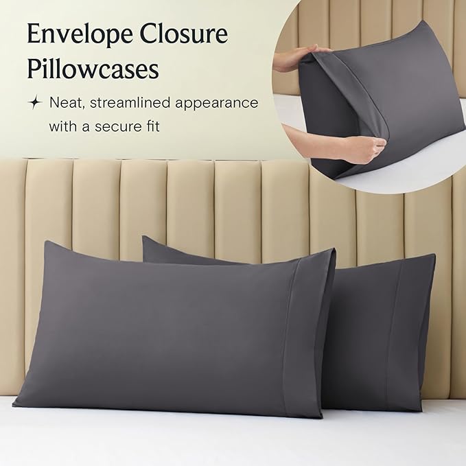 LuxClub 4 PC California King Sheet Set, Deep Pockets Wrinkle Free Cooling Bed Sheets Hotel Bedding for Women, Men, Includes 1 Fitted Sheet, 1 Flat Sheet and 2 Pillowcases-Dark Grey