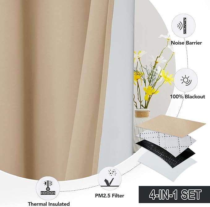 RYB HOME Particle Filtering Curtains Total Blackout Noise Reducing Window Treatment Dust Filter Thermal Insulated Drapes for Studio Laundry Room Furance, Biscotti Beige, W52 x L63 inch, 2 Panel