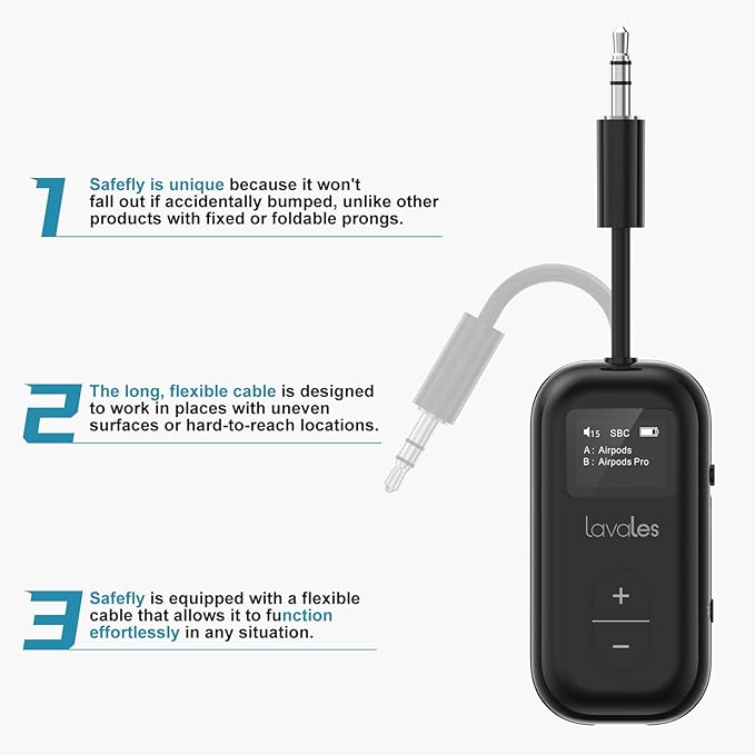 SafeFly Dual Bluetooth Transmitter, 3.5mm AUX Wireless Audio Adapter W/Screen for Airplanes to Wireless Headphones, APTX Low Latency, Dual Pairing, 30H Battery, Audio Adapter for TV/Gym/Gaming -Black