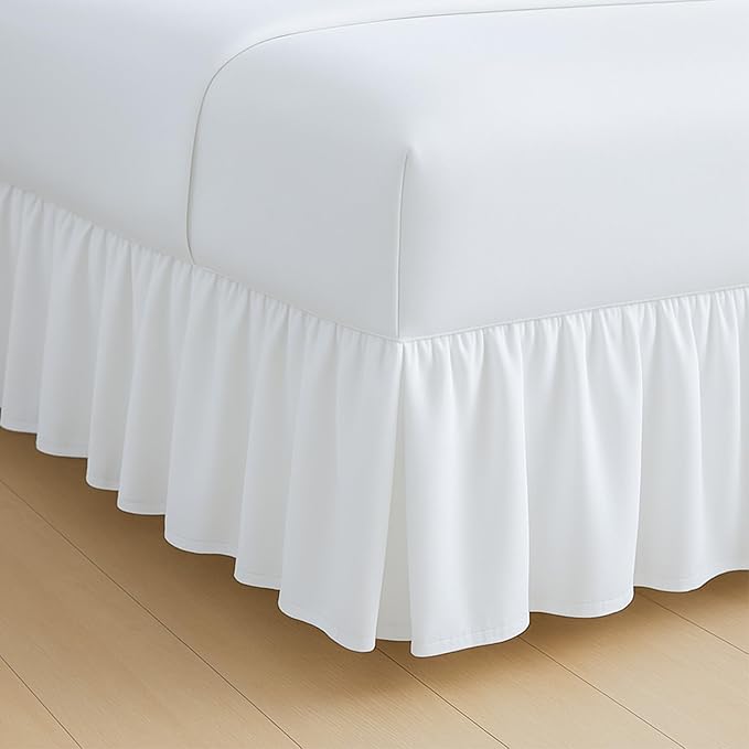 Rajlinen Ruffled Bed Skirt Full, 16 Inch Drop Dust Ruffle with Split Corners, 100% Microfiber Bedskirt with Platform, Three-Sided Coverage Ruffled Gathering Design, White
