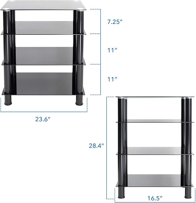 Mount-It! Tempered Glass AV Component Media Stand, Audio Tower and Media Center with 4 Shelves, 88 Lbs Capacity, Black Silk (MI-8670)