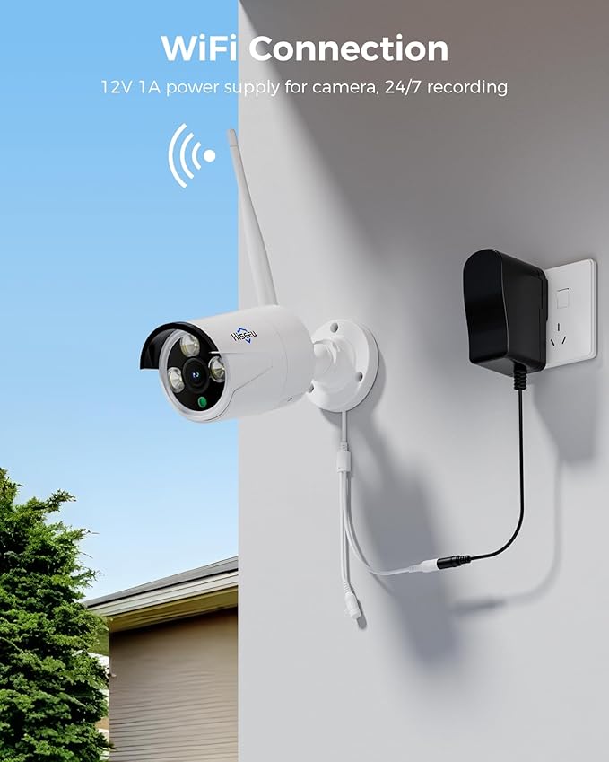 Hiseeu 4K Security Camera System, 24/7 Recording, 10.1" Touch Screen LCD 8MP Monitor, Wired Plug-in Powered 4Pcs 8MP Outdoor Cameras, Two-Way Audio, Color Night Vision, Motion Detection, 1TB HDD, IP66