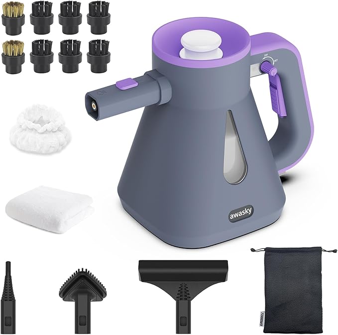 awasky Steam Cleaner: 10s Fast Heating-Lockable Steam Trigger-Large Tank-Refill Anytime-No Cooling-14 PCS Kit-Hand Held HandHeld Multi Portable Steamer for Home Kitchen Grout Tile Shower Cleaning Grey