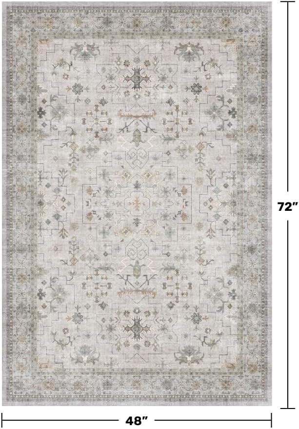 Hazo Haus Washable Boho 4x6 Living Room Rug - Light Gray & Sage Area Rug for Kitchen, Mudroom, Bedroom Beside Bed, Office, Modern Vintage Eclectic Geometric Floral, Low Pile & Fade Resistant - Image 2