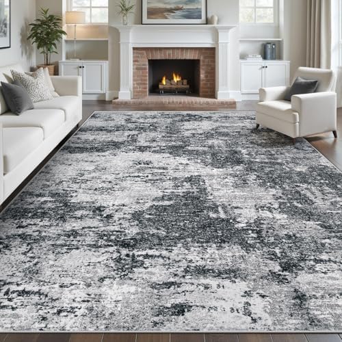 pmtsns Area Rugs 9x12 for Living Room: Washable Rug Modern Abstract Neutral Soft Non-Slip Low-Pile Indoor Large Carpet for Bedroom Dining Room Playroom Home Office (Black Grey, 9'x12') by pmtsns