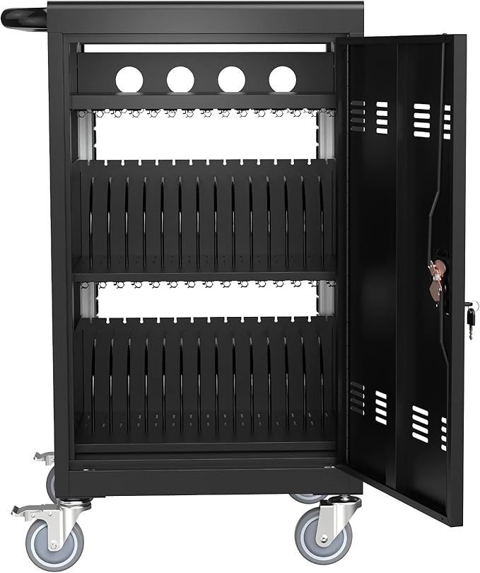 OFLILAK 30-Device Mobile Charging Cart with Charging Power Strip and Front and Rear Access Locks, Cable Management, Up to 17"", Safe Charging Cabinet for Ipads, Chromebooks, Tablets, Laptops Black