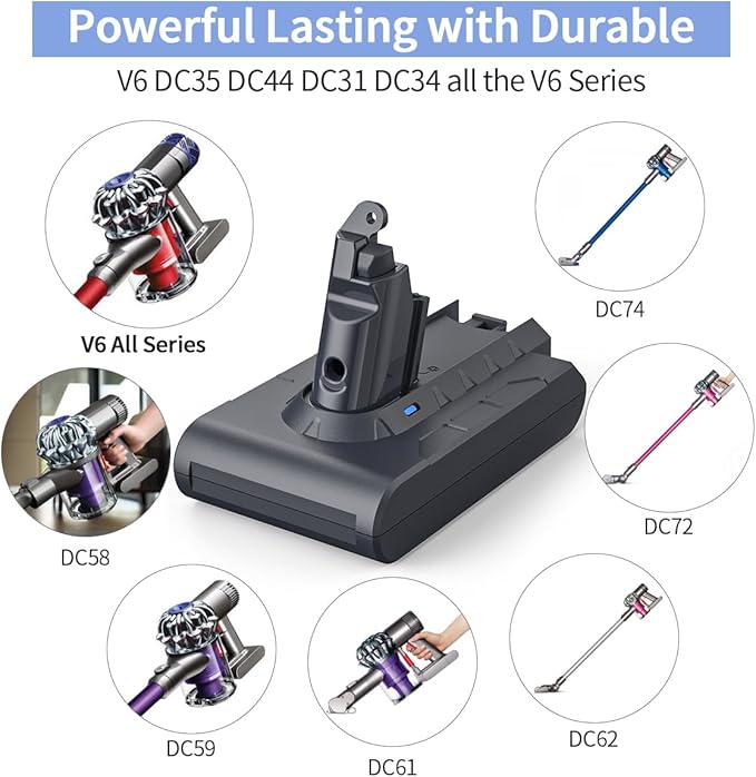 Battery Replacement for Dyson V6, 21.6V 4600mAh Li-ion Battery Compatible with V6 Animal V6 Absolute V6 Motorhead V6 Fluffy SV03 SV04 SV05 SV06 SV07 SV09 DC58 DC59 DC61 DC62 DC72 DC74 Vacuum Cleaner