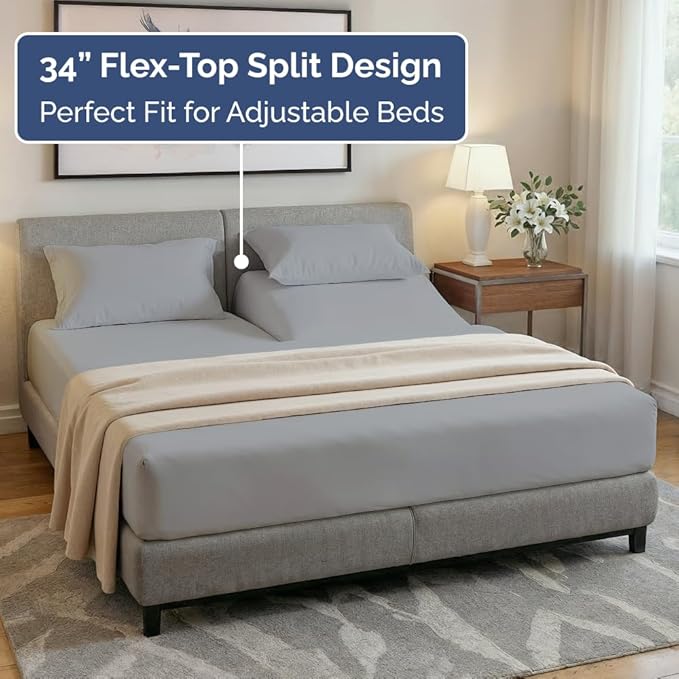 Split Head King Sheet Set – 4 Piece Flex Split Top King Sheets for Adjustable Beds - Fits 14” to 16" Mattress w/ Deep Pockets - Soft, Breathable & Cooling - Luxury Bedding & Wrinkle Free - Steel Blue