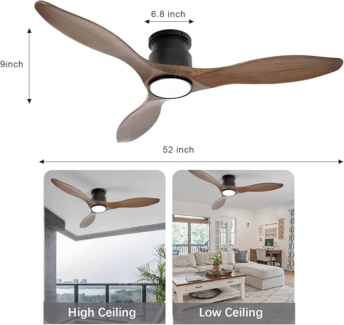 revoici 52'' Ceiling Fan with Lights and Remote, 3 Blade Amber Wood Low Profile Flush Mount Ceiling Fan Indoor, Reversible 6 Speeds Dimmable LED Light Fan for Bedroom Living Room Farmhouse