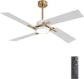 WINGBO 54 Inch Ceiling Fan with Light and Remote, 4 Plywood Blades, 6-Speed Reversible DC Motor, Dimmable, 3CCT, Farmhouse Ceiling Fan for Bedroom Living Room Kitchen, Brass and White